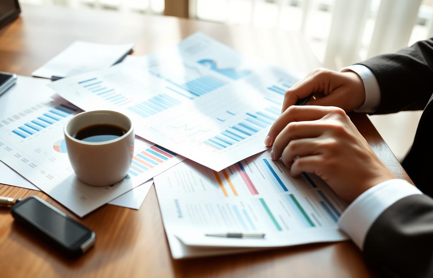 Financial consultant reviewing reports