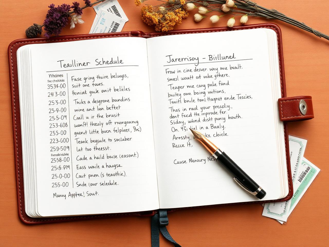 A leather event planner with handwritten notes