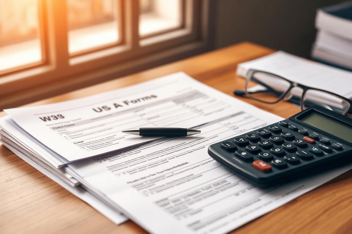 US tax forms with calculator and pen